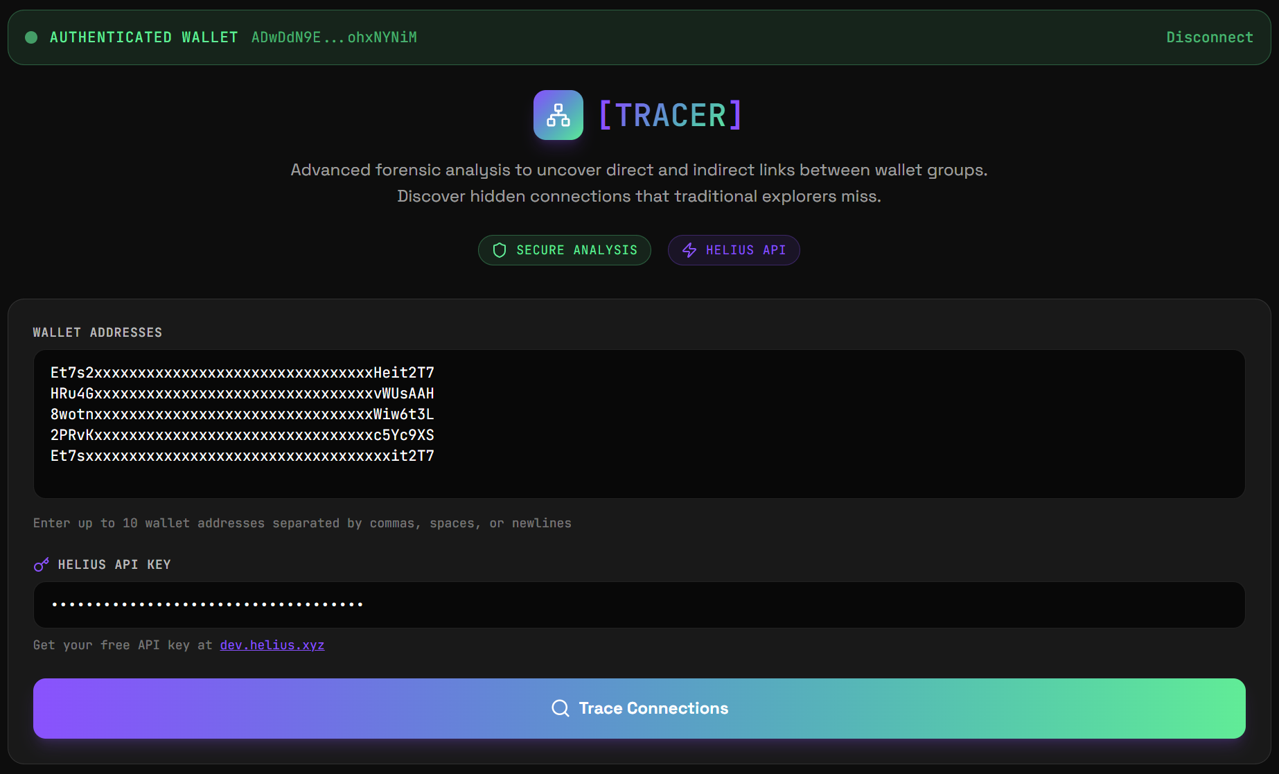 Solanalyze Wallet Tracer Interface